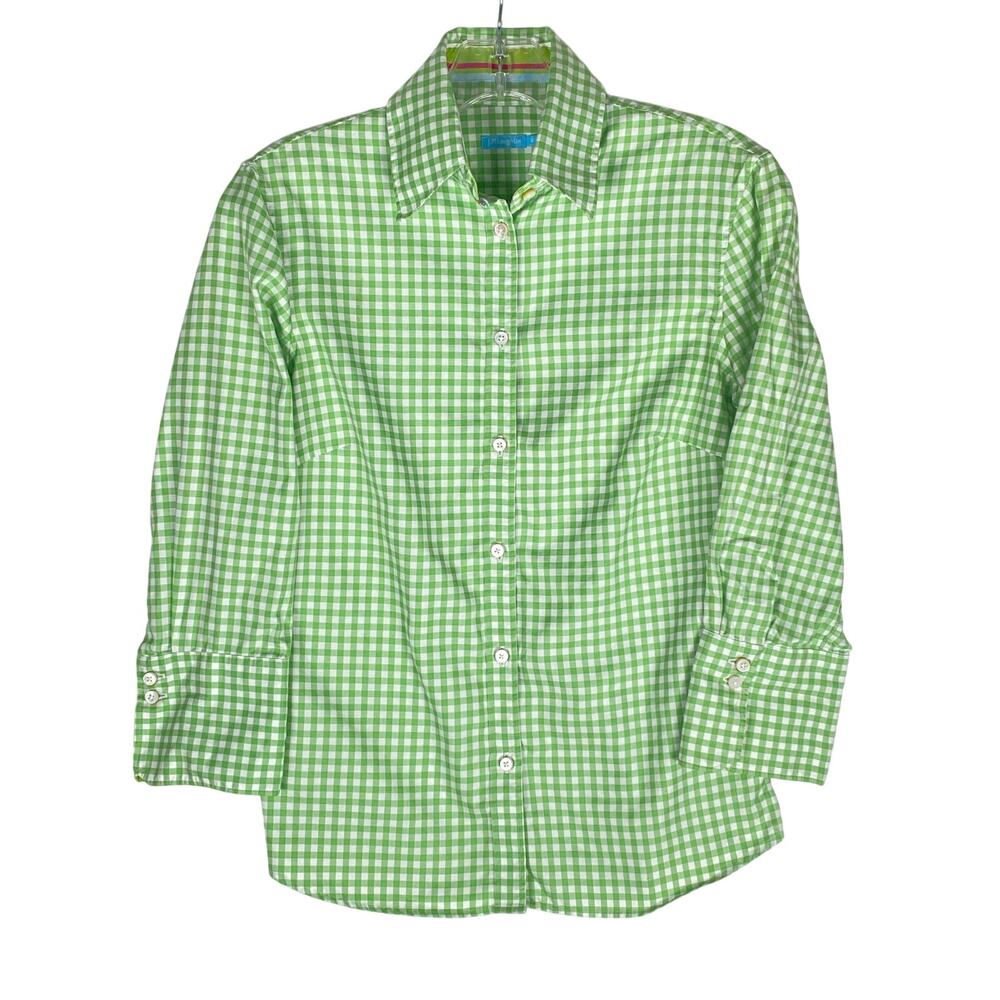 J McLaughlin Green Gingham Button Up Shirt Women 4 Preppy Coastal Resort Classic
